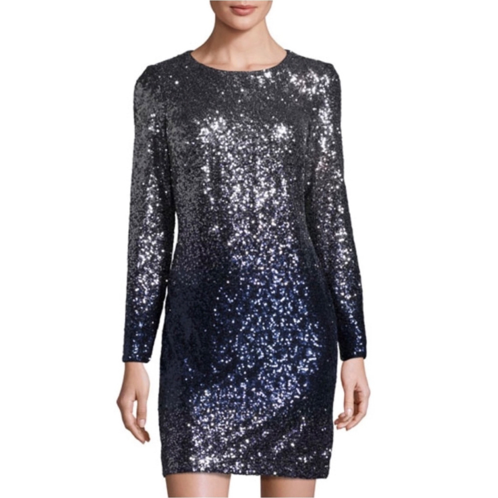 Maia Blue Silver Ombre Sequin Long Sleeve Dress Size 14